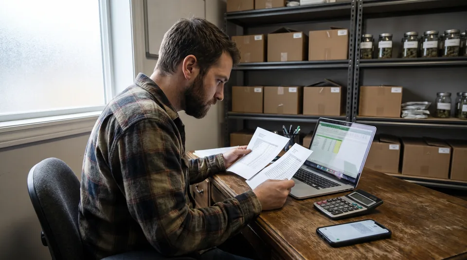 Dispensary owner comparing two customer texting software quotes with a calculator in the back office