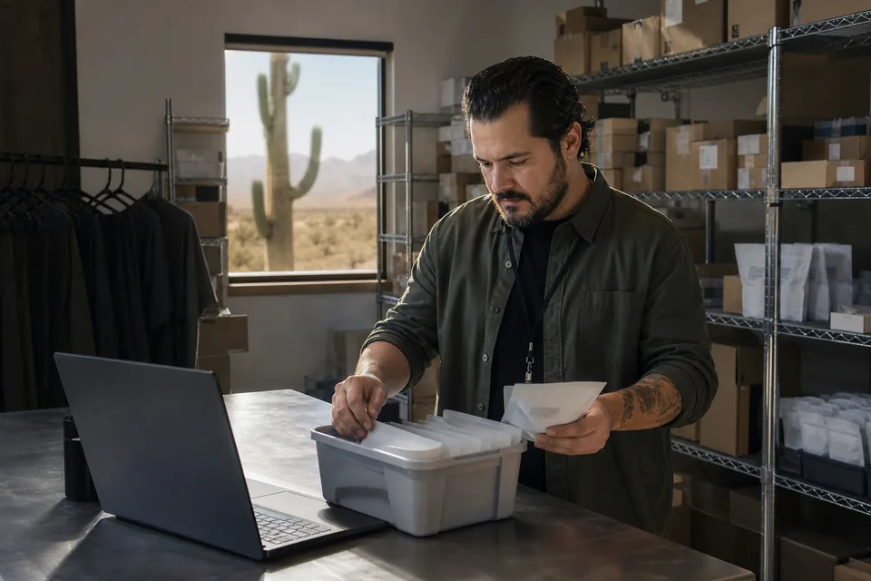 Dispensary inventory manager counting sealed packages against a laptop in the back room