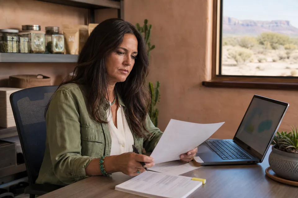 Dispensary owner comparing a software contract with an inventory report on a laptop in a back office