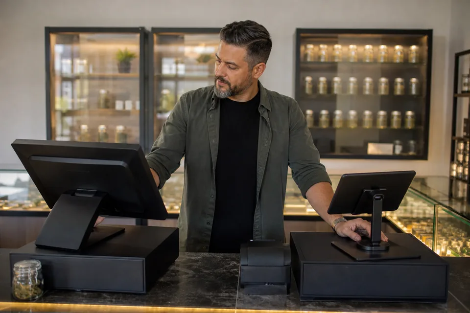 Dispensary owner comparing a touchscreen register and a tablet point of sale side by side at the checkout counter
