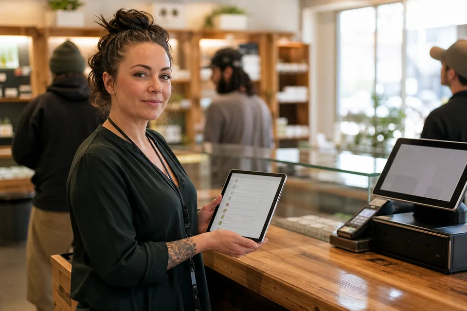 Dispensary manager reviewing a customer list and purchase history on a tablet at the store counter