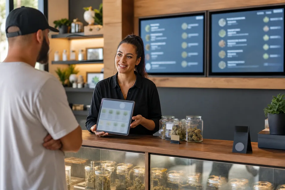 Dispensary manager updating the product menu on a tablet in front of two wall-mounted digital menu screens