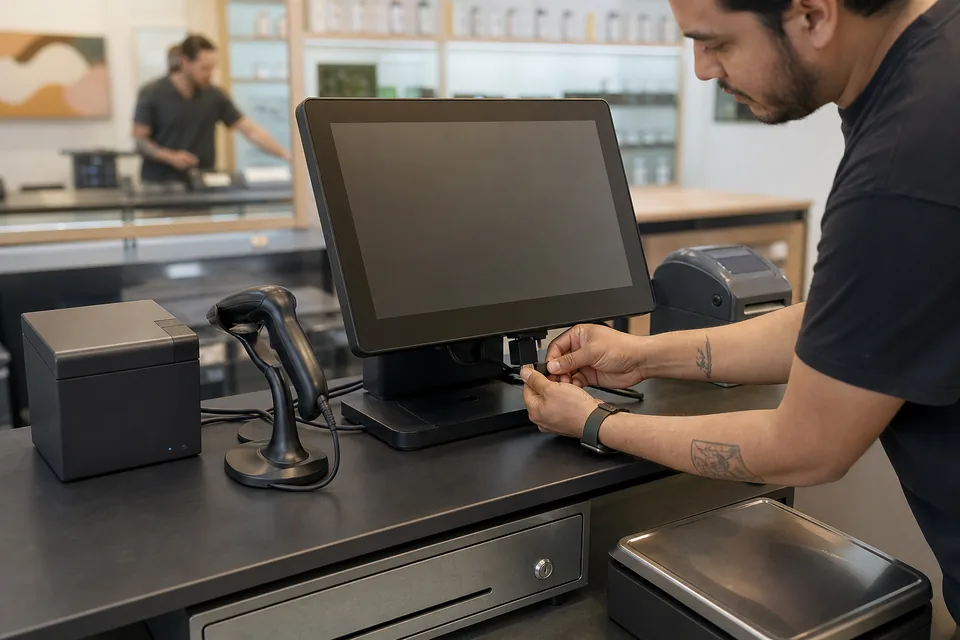 Dispensary register with an all-in-one computer, receipt printer, barcode scanner, label printer and cash drawer
