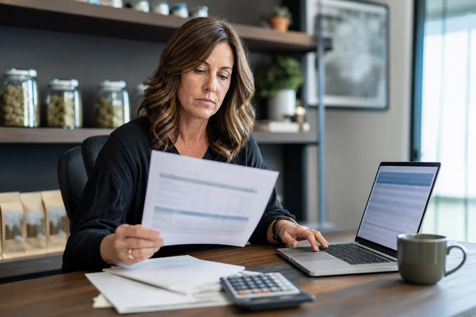 Dispensary manager comparing a software subscription invoice with a billing table on a laptop