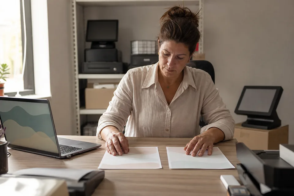 Dispensary operations manager comparing an old register contract with a new point of sale quote in the back office