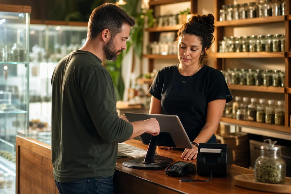 Dispensary owner and budtender testing a checkout on a tablet register at a sales floor counter