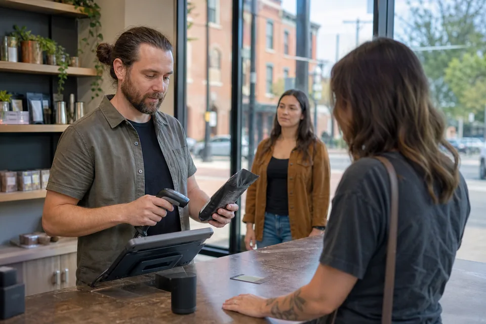 Dispensary associate scanning a sealed package at a tablet register with a customer ID on the counter