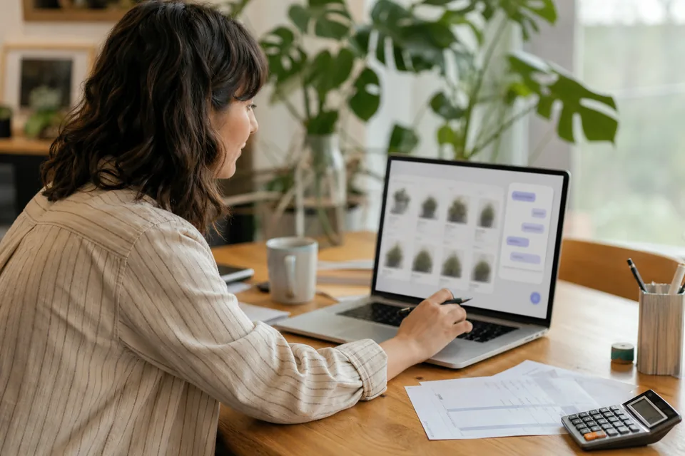 Dispensary manager reviewing an online menu chatbot and a monthly invoice on a laptop in the back office