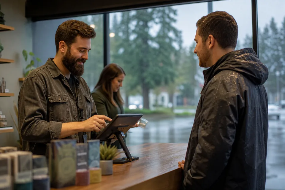 Budtender ringing up a sale at a dispensary counter on a rainy Pacific Northwest day